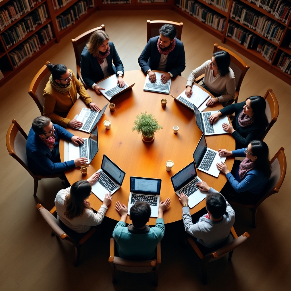 Grup de profesioniști participând la un webinar despre venituri diversificate, văzut de sus